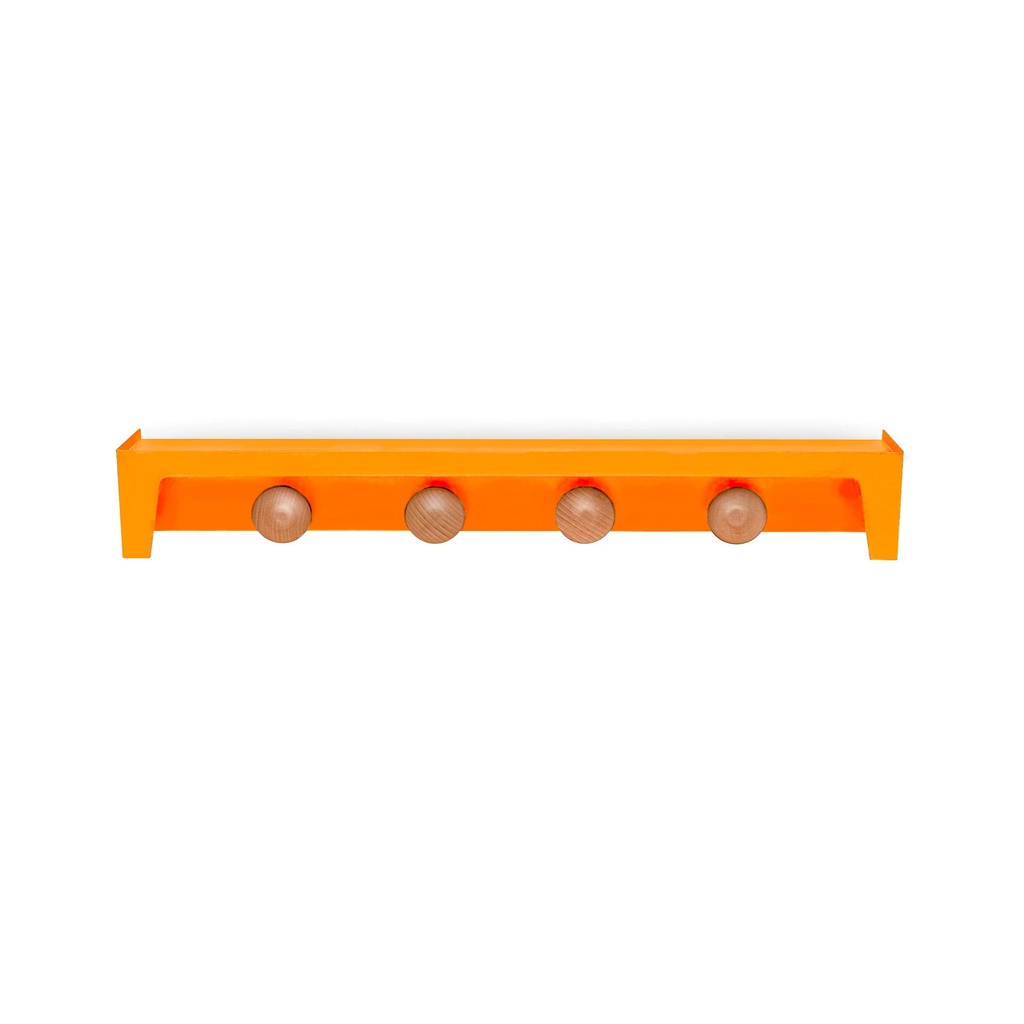 Perchero de pared de diseño con estante Bergamo en color naranja con colgadores de haya