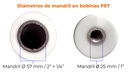 Medidas de los dos diámetros de los mandriles, conos, cores, o canutos de las bobinas de plastificar PET brillo