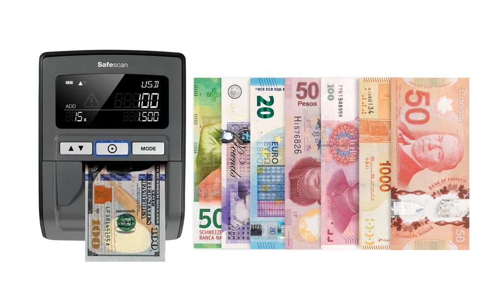 8 divisas internacionales adminitdas en el detector de billetes falsos Safescan 185-S
