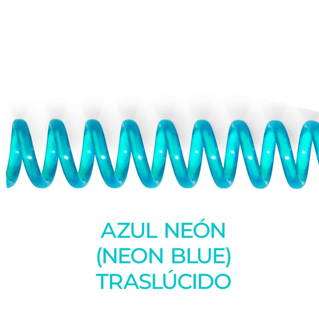Espiral de encuadernación fabricado en plástico azul neón traslúcido de 10 mm. de diámetro