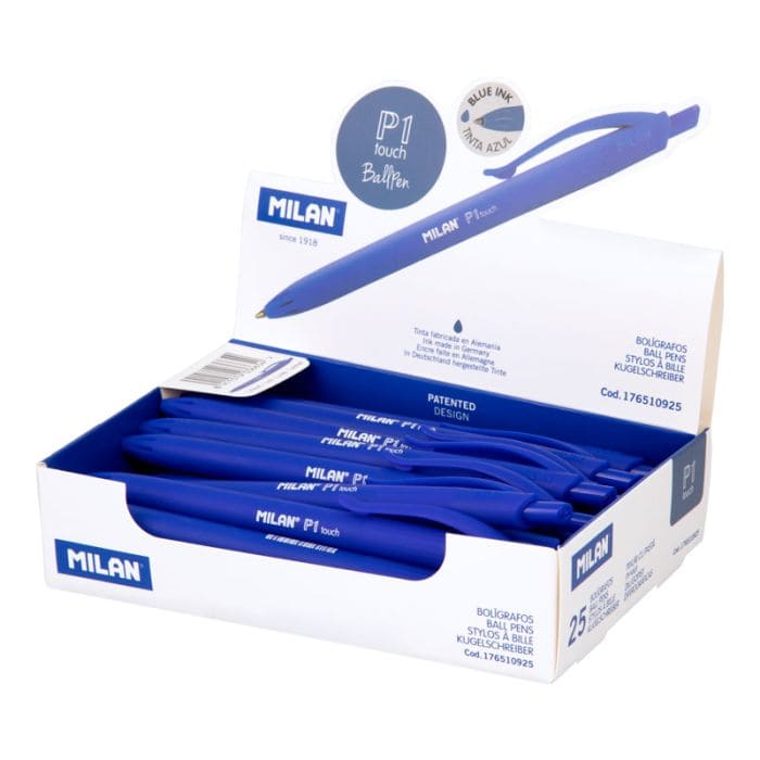 Bolígrafos retráctiles Milan P1 touch azul (Caja de 25)