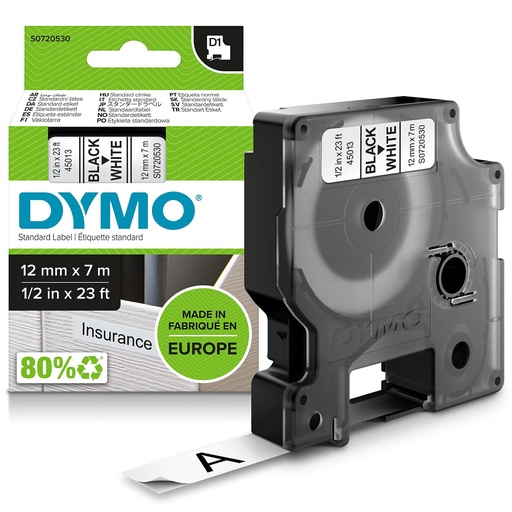 Cinta de rotuladora Dymo D1 negro-blanco 12 mm x 7 m