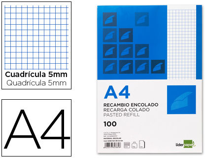 Recambio para 4 anillas A4 cuadriculado encolado (100 hojas)