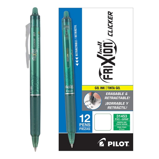 Bolígrafos retráctiles borrables Pilot FriXion Ball Clicker 0.7 verde (Caja de 12)